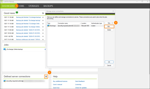 Reconfiguring a server connection in CodeTwo Backup.