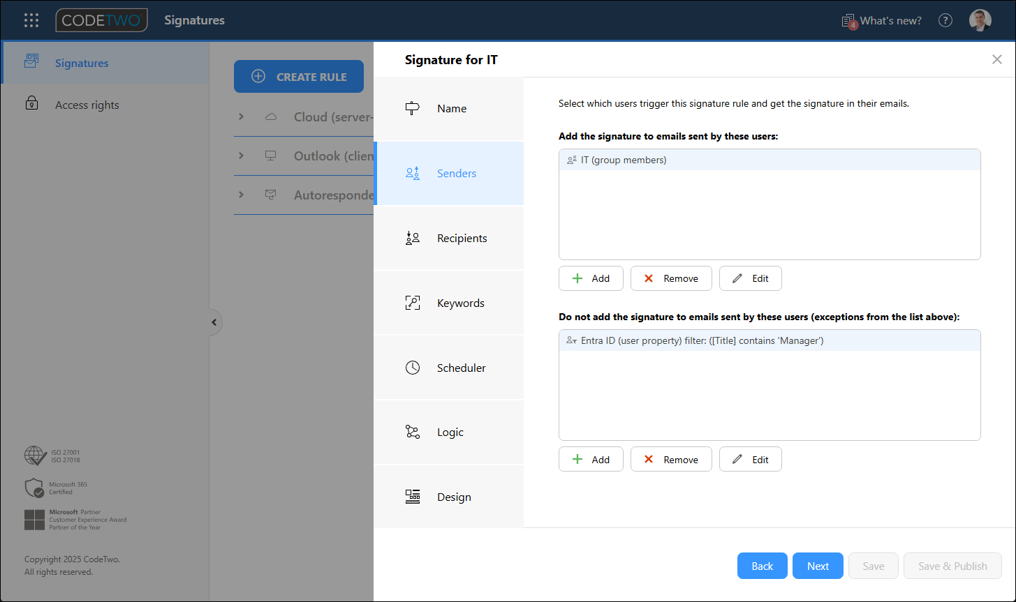 The Senders step with 1 condition and 1 exception configured.