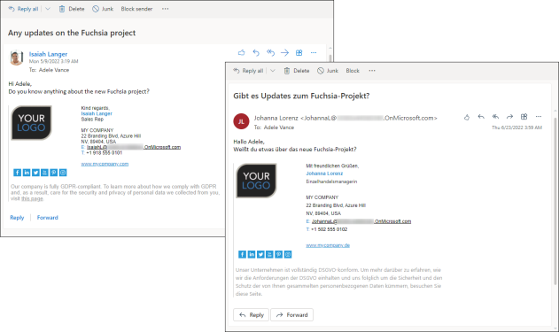 The language version of a signature depends on what users set on the My user info page.