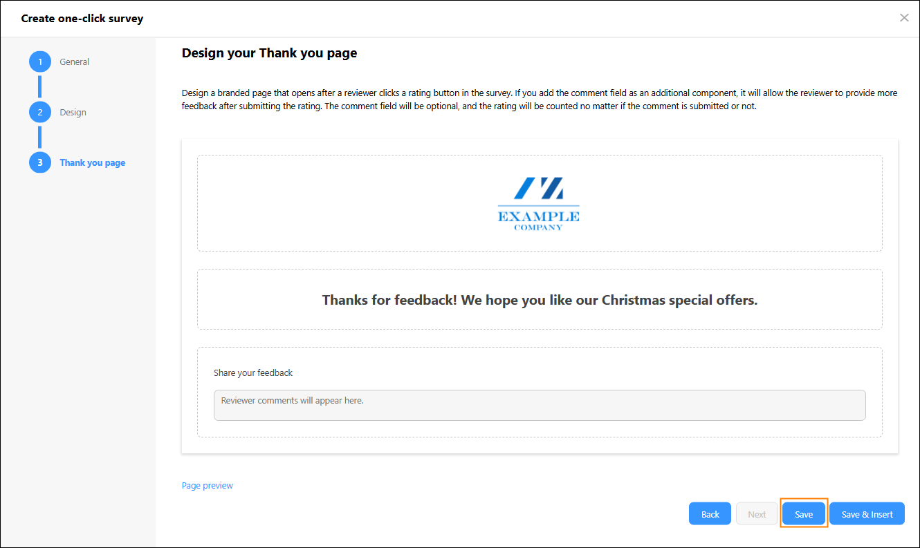 Saving a one-click survey configuration.