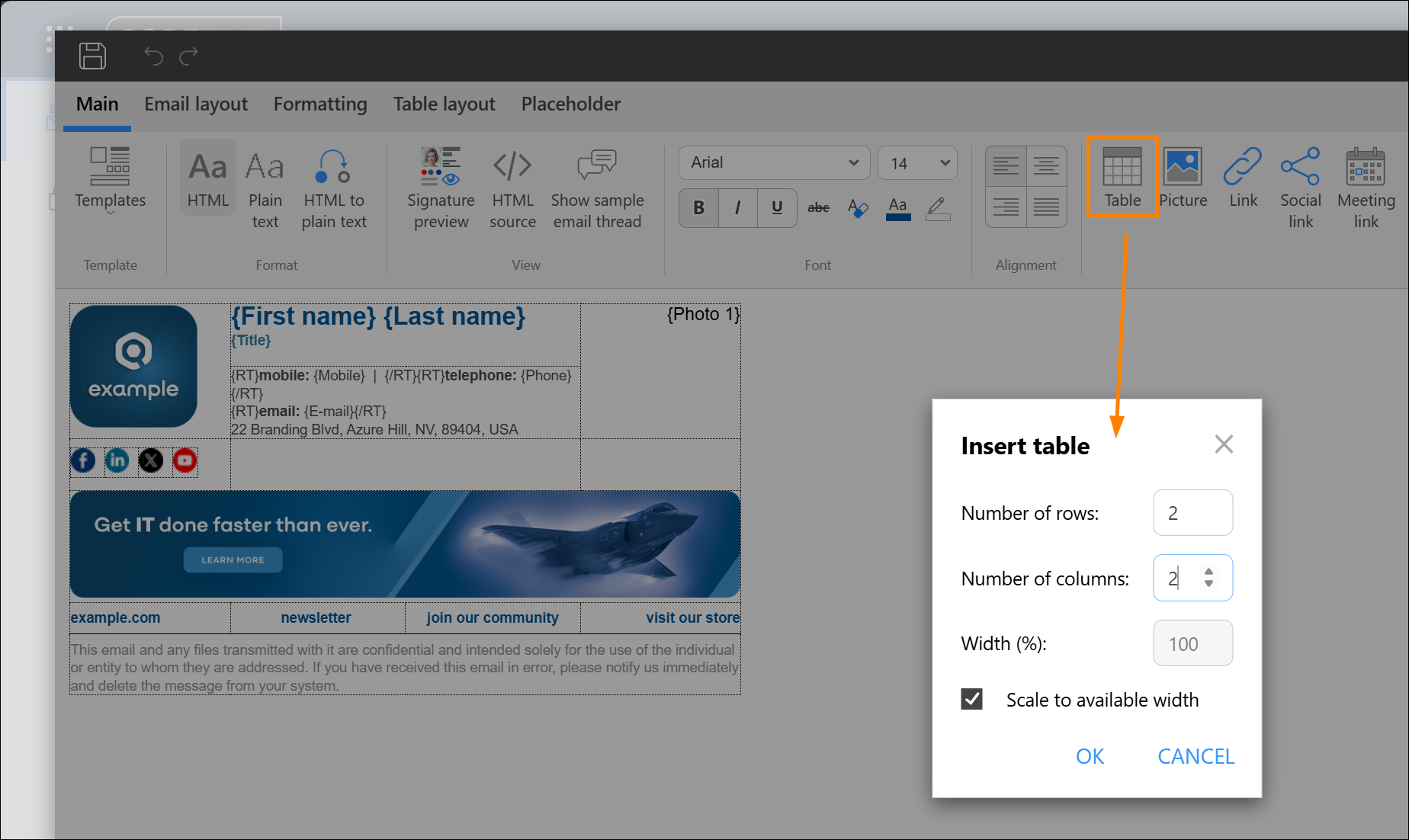 Inserting a table into an email signature.