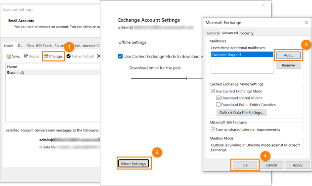Adding a shared mailbox to the classic Outlook for Windows.