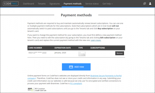 The Payment methods tab in the Admin Panel.