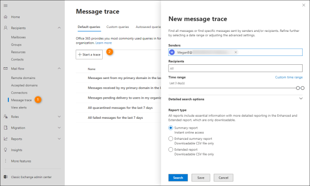 Preparing a message trace query in the Exchange admin center.