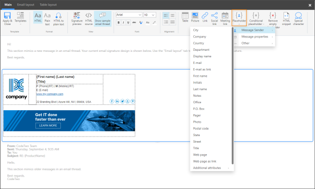 The Placeholder menu allows you to insert AD attributes to signatures.