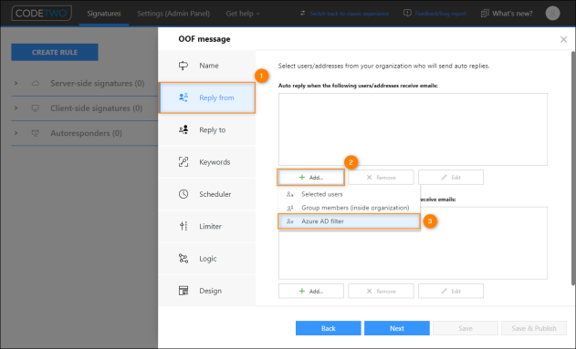 Choosing the Azure AD filter condition.