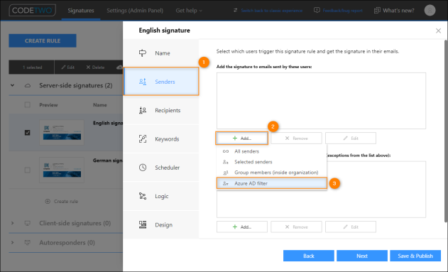 Choosing the Azure AD filter condition.