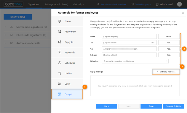 Specifying different aspects of the auto-reply message.