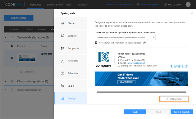 Opening the signature template editor.