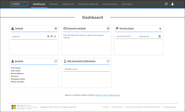 The Dashboard tab in the CodeTwo Admin Panel.