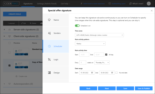 The Scheduler configured to make the selected rule active on Thursdays and Fridays throughout September.