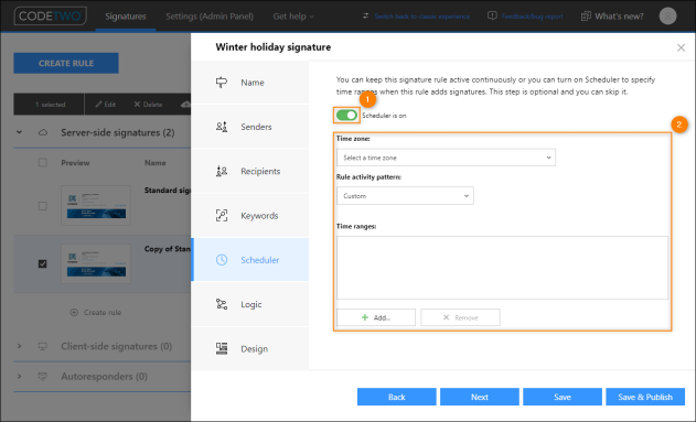 Activating the Scheduler (1) and enabling the feature's configuration options (2).