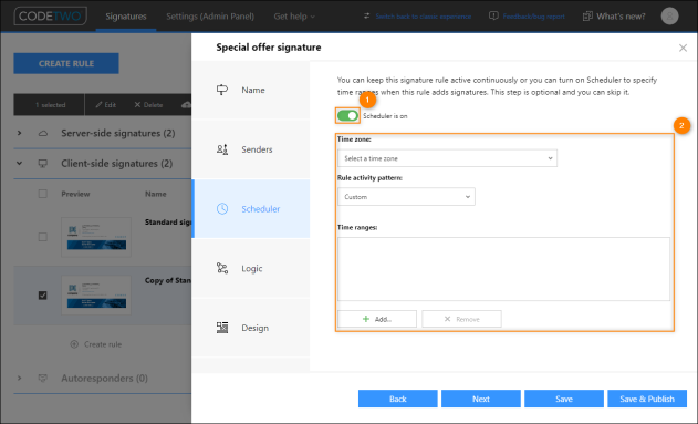 Activating the Scheduler feature (1) and enabling its configuration options (2).