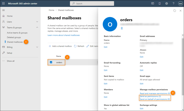 Accessing shared mailbox permissions in the Microsoft 365 admin center.
