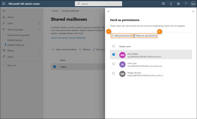 Adding (A) or removing (B) users' permission to a shared mailbox.