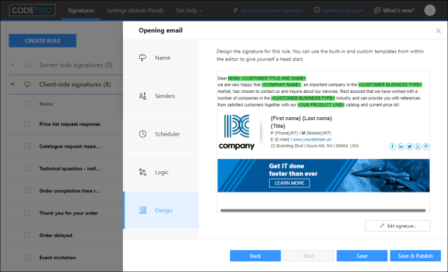 A preview of a canned response containing the full email text with places to fill in and a complete signature.