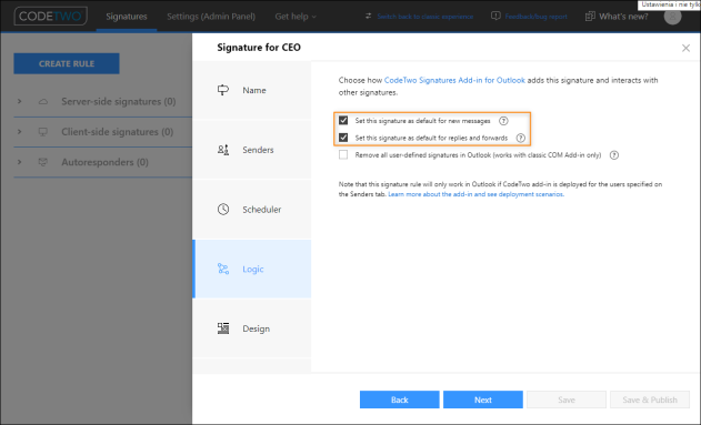 Setting up the program to add the signature to all emails composed by the users who meet the conditions defined in this signature rule.