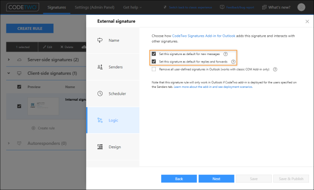We recommend selecting these options for the signature rule applied to external emails.