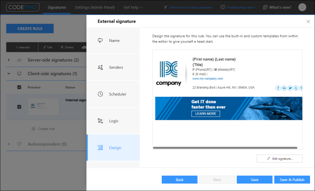 An Outlook (client-side) signature template used for external messages.