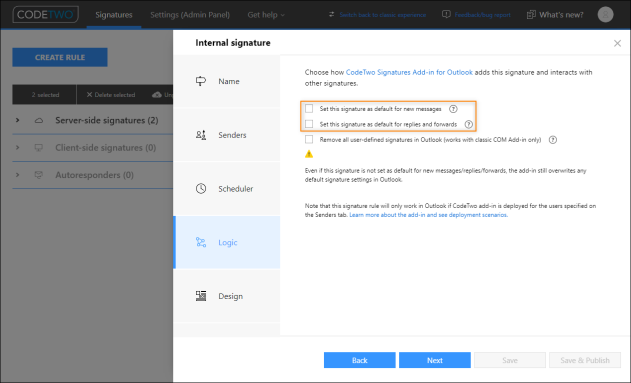 Leave these options cleared for the signature rule applied to internal emails.