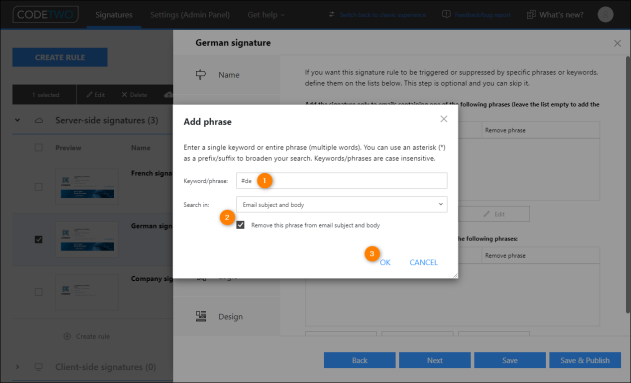Select the checkbox shown above (item 2) if you want the program to delete the defined keyword from an email.