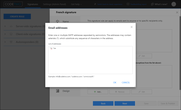 Defining top-level domain names of email addresses as recipients of your emails.