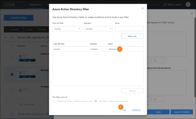 The Azure AD filter options lets you add a signature to all users who meet certain criteria.