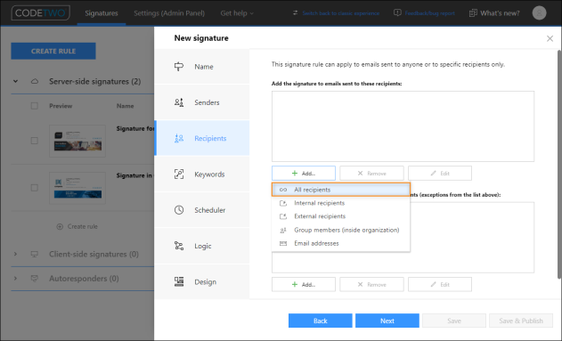 Select this option to apply the signature defined in this rule to emails sent to all recipients.
