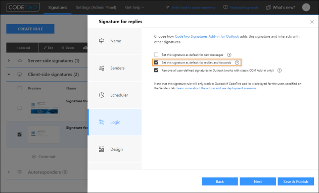 Selecting the signature rule as default for replies.