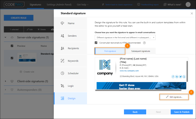 Opening the signature template editor to create a signature template for new emails.