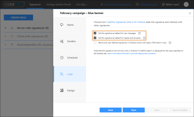 By selecting these options, the CodeTwo signatures add-in will add the selected signature to all Outlook and OWA emails by default.