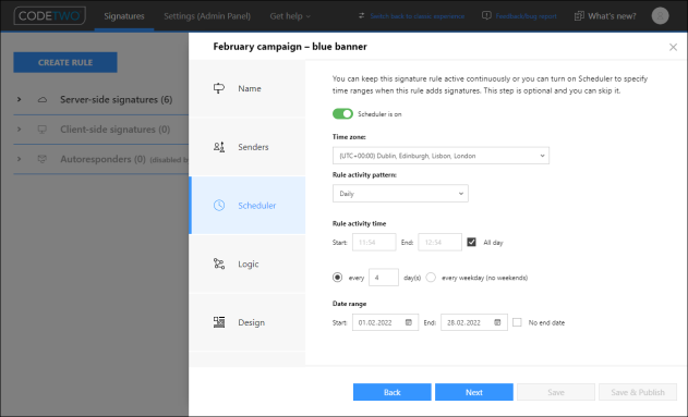 Scheduler configuration for the first of four rotating signatures.