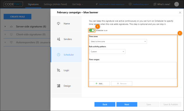 Activating the Scheduler feature (1) and enabling its configuration options (2).