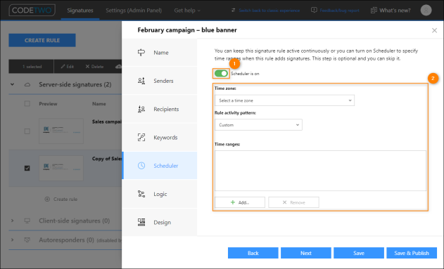 Activating the Scheduler (1) and enabling the feature's configuration options (2).