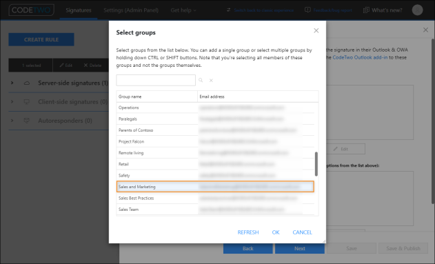 Selecting a group consisting of users with delegation permissions to a shared mailbox.