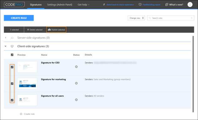 Publishing the configured signatures.