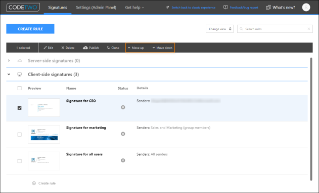 Changing the order in which Outlook (client-side) signature rules are executed.