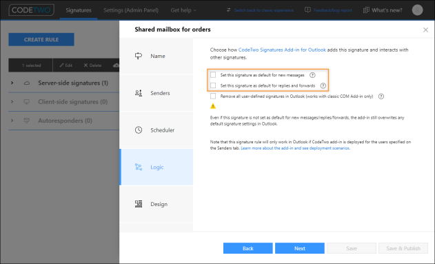 Setting up the signature rule so that the signature template for the group mailbox is not added by default to all emails.