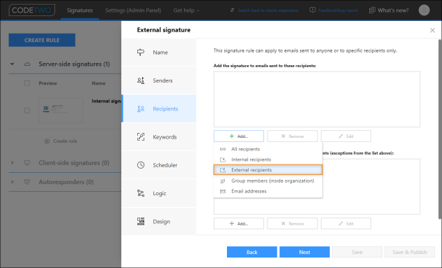 By using this option, the selected cloud (server-side) signature rule will be applied to external emails only.