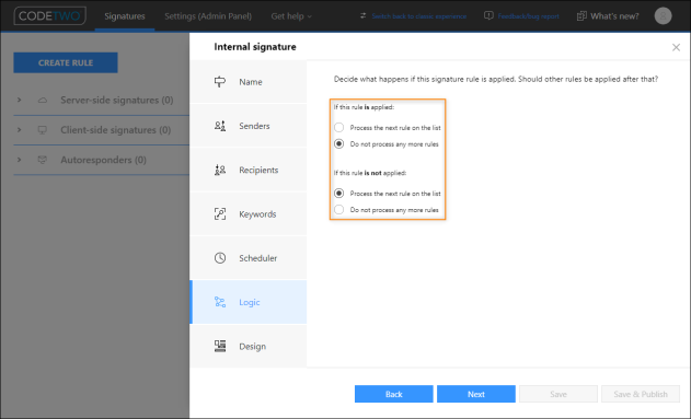 Select these options to allow the program to execute another signature rule, configured for emails sent outside your organization.