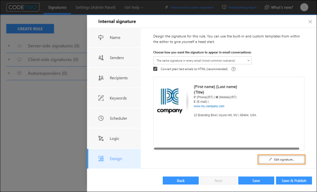 Creating a signature template for internal emails.