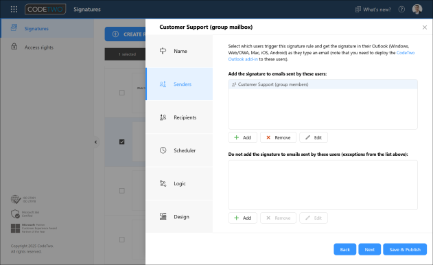 Configuring an Outlook signature rule for members of the Customer Support group.