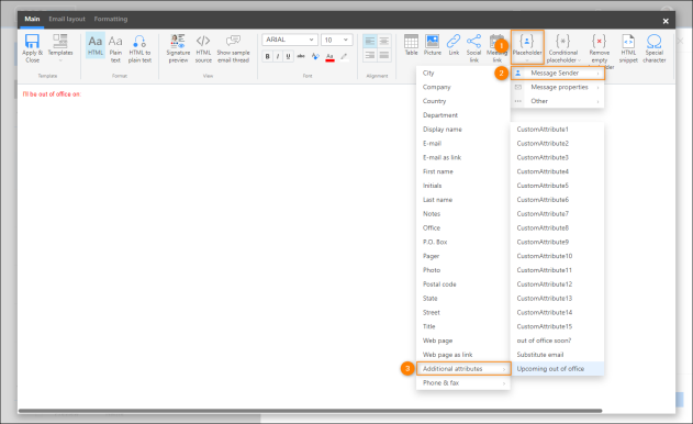 Adding the custom CodeTwo attributes in the signature template editor.