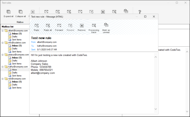 A message with a signature previewed with the rules tester.