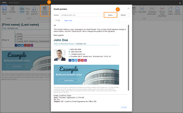 Previewing how your email signature will look in a real email conversation.
