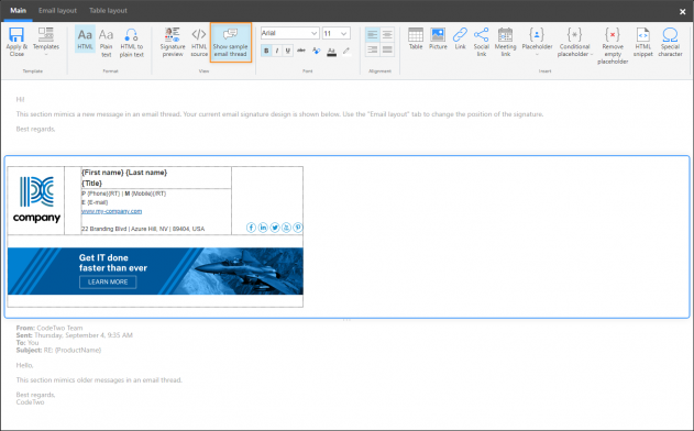 A signature template opened in the editor, shown within sample email thread sections.