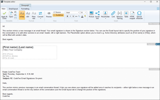 Short signature prepared in the template editor.