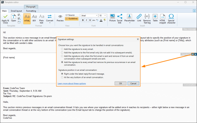 Opening the signature settings window.