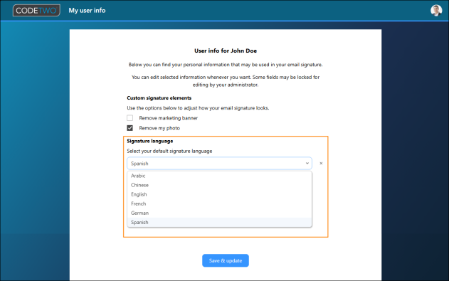 Selecting a default signature language in My user info.