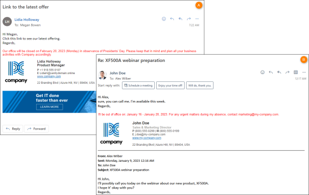 A sample signature with a global (A) or personal (B) out of office note.